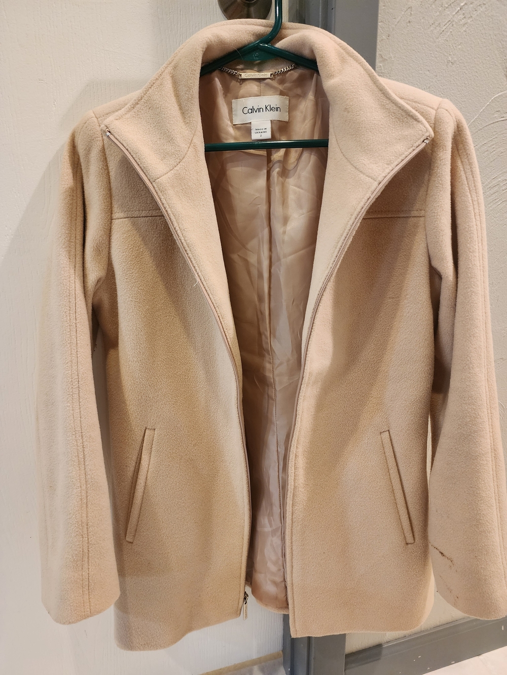 Calvin Klein Women's Beige Zip-Front Wool & Cashmere Pea Coat